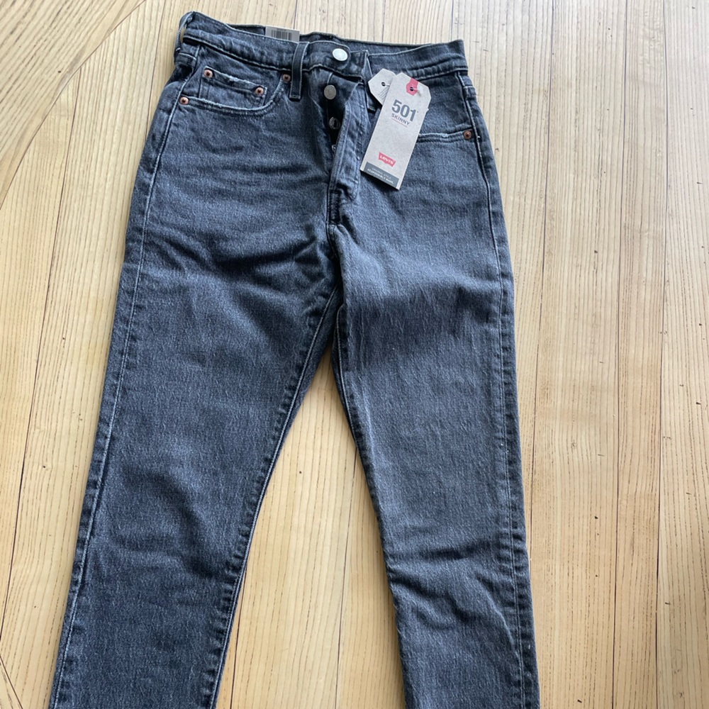 Levi’s 501 skinny Womans Dark Gray Jeans Button Fly High Rise size 24x28 raw hem - Picture 1 of 10